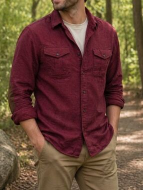 Chaps 100% Cotton Burgundy Button Down Shirt | Elbow Patch Classic Casual